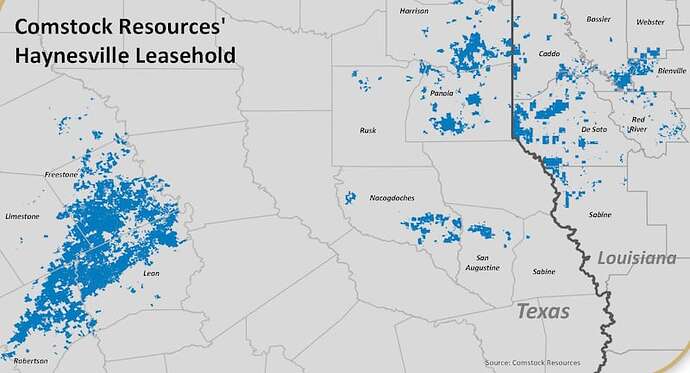 A map of Comstock Resources' Haynesville leasehold assets