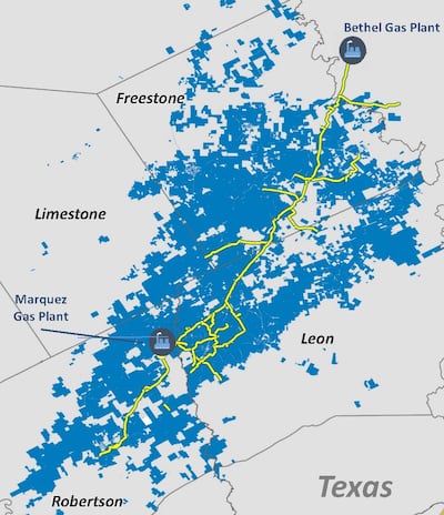 A map of the new western Haynesville Play and the Pinnacle gas pipeline that travels from Bethel, Texas, to Marquez, Texas.