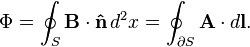 \Phi = \oint_S\mathbf{B}\cdot\mathbf{\hat{n}}\,d^2x = \oint_{\partial S}\mathbf{A}\cdot d\mathbf{l}.